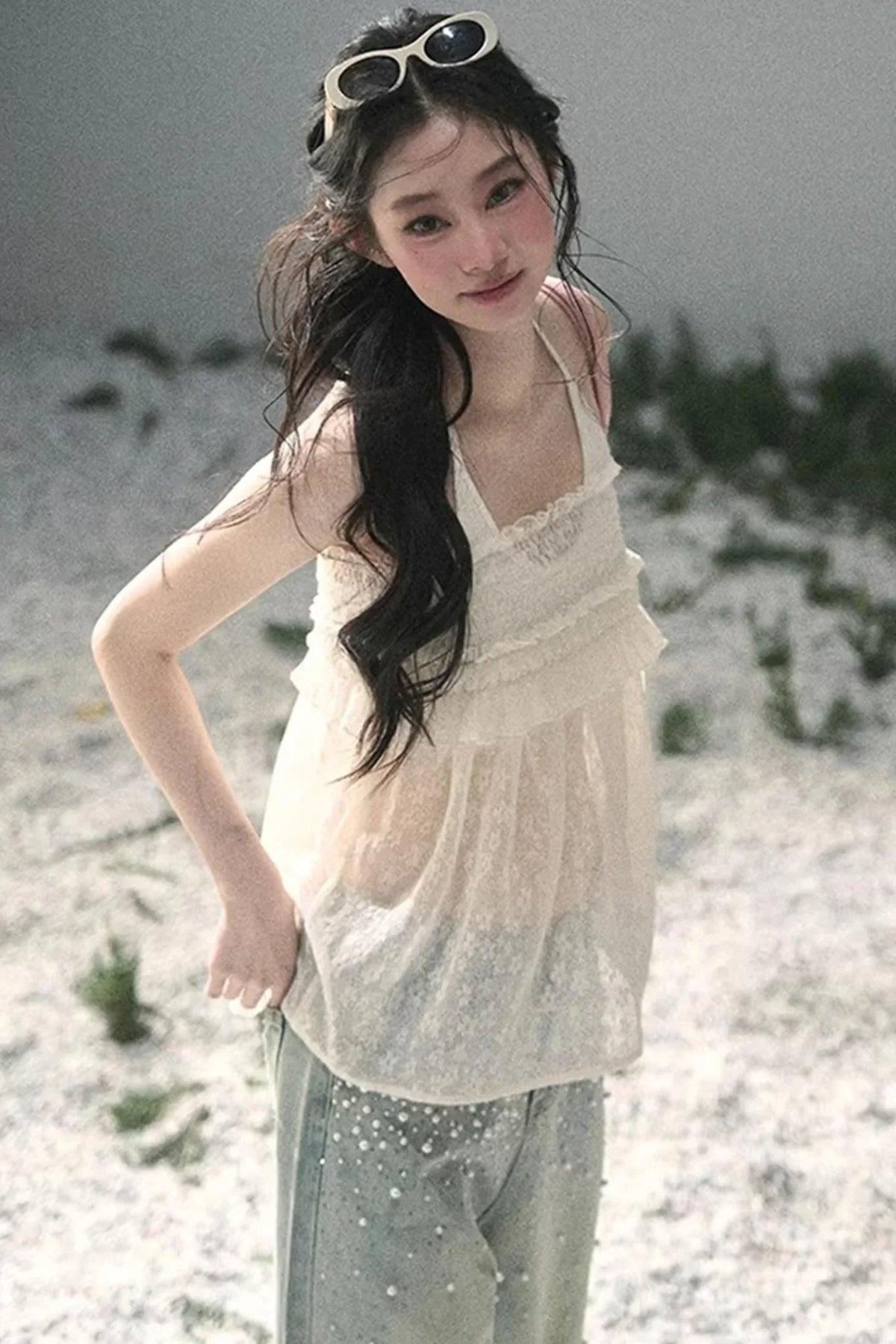 Sheer Lace Floral Top Set