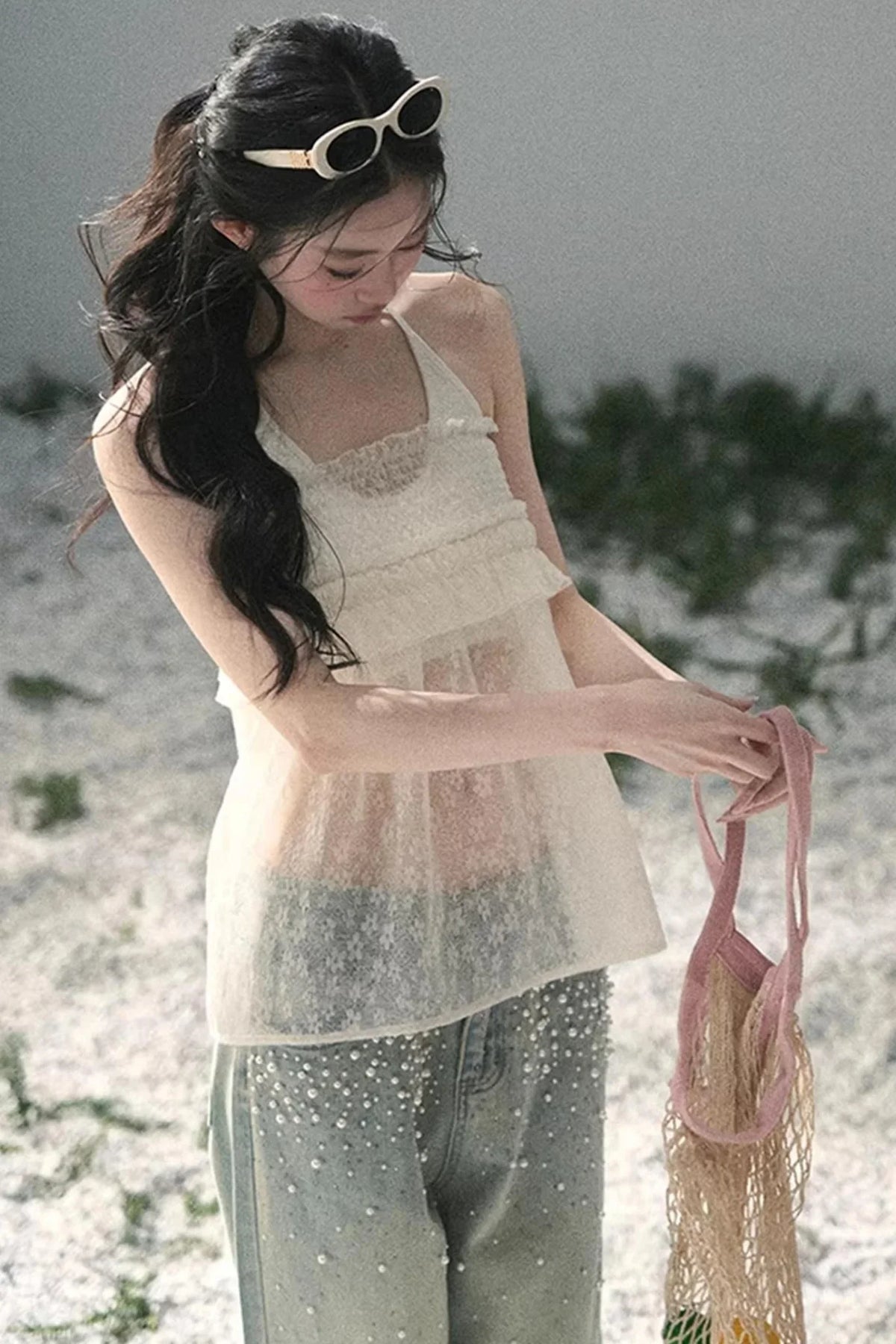 Sheer Lace Floral Top Set