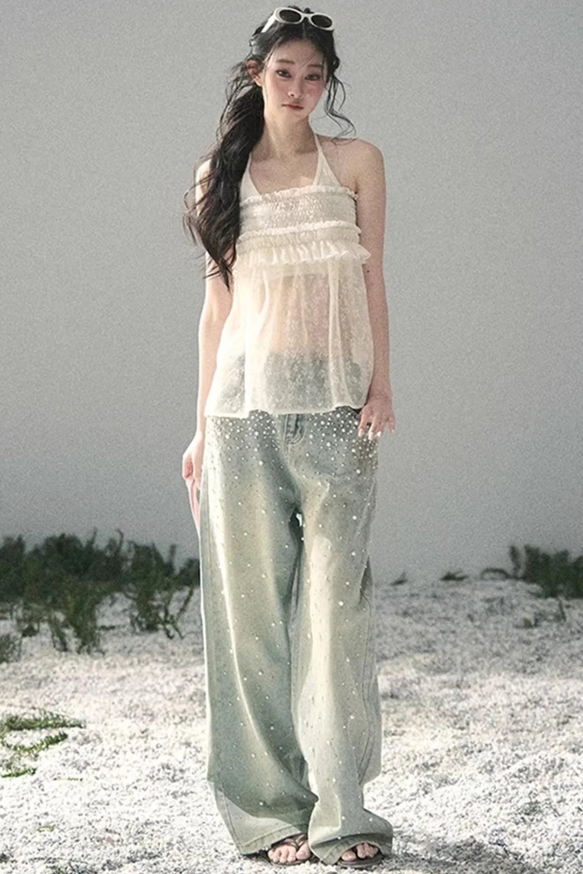 Sheer Lace Floral Top Set