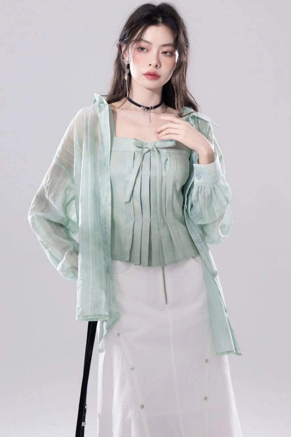 Sheer Layered Shirt Vest Set
