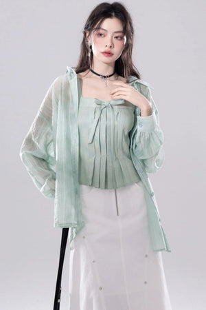 Sheer Layered Shirt Vest Set