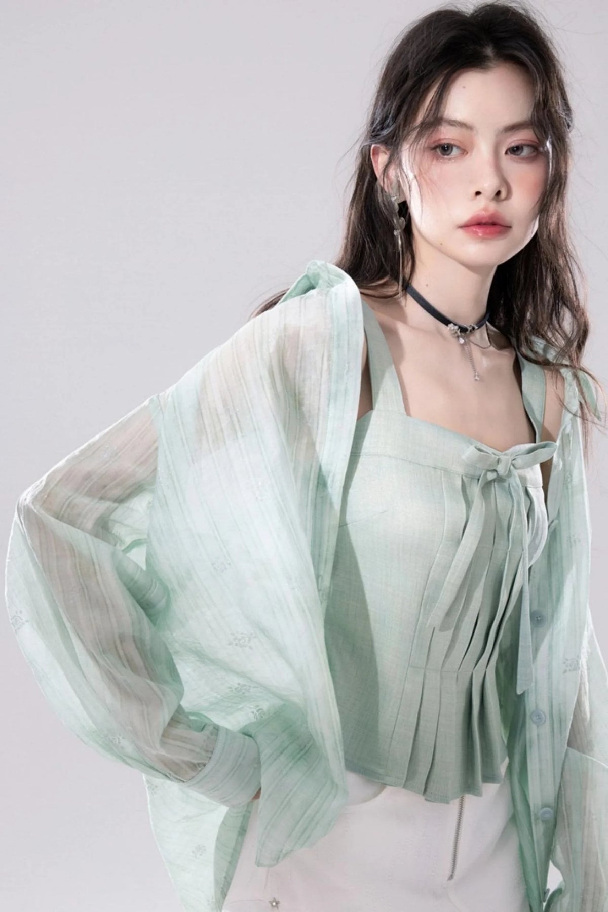 Sheer Layered Shirt Vest Set