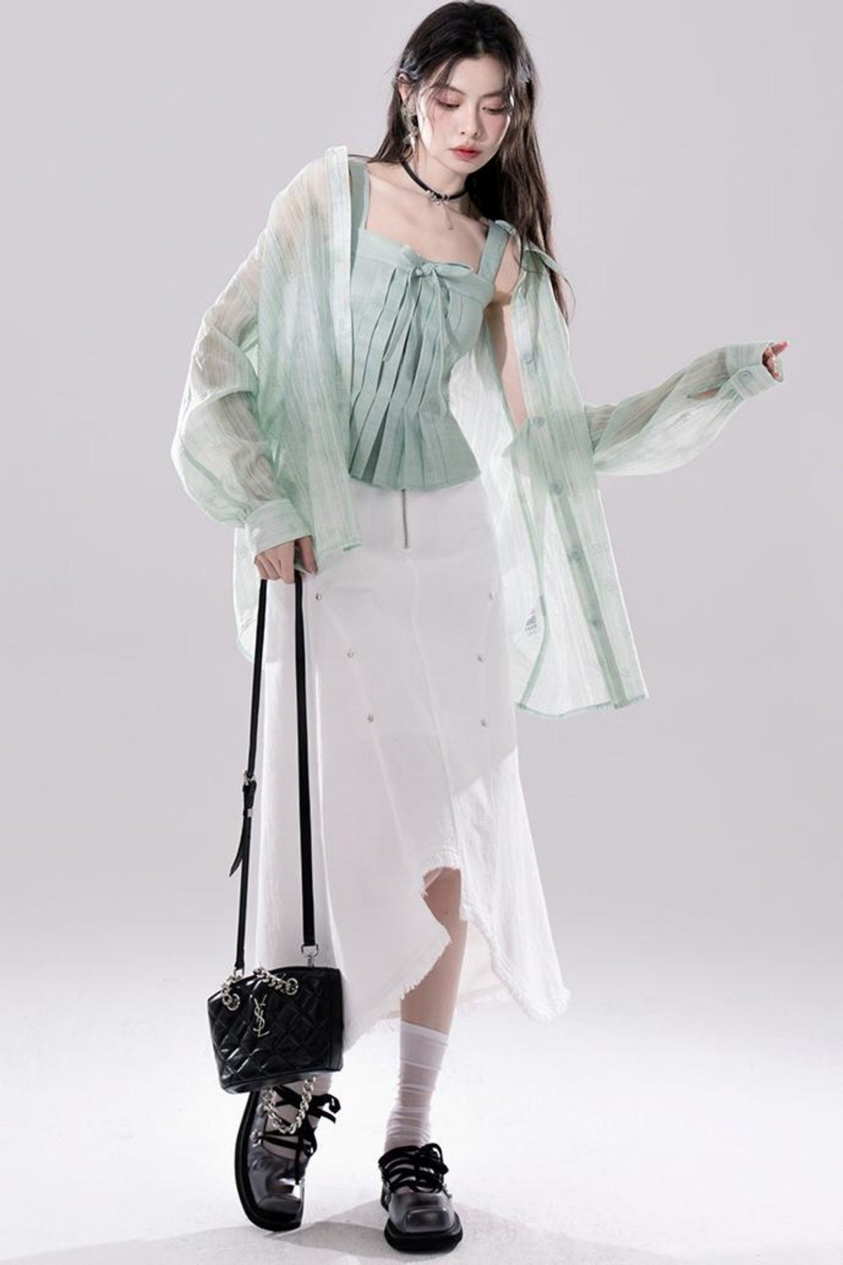 Sheer Layered Shirt Vest Set
