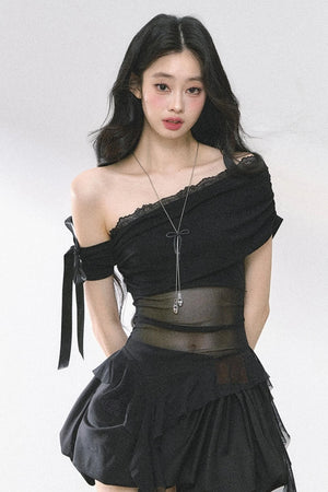 Sheer Mesh Off Shoulder Top