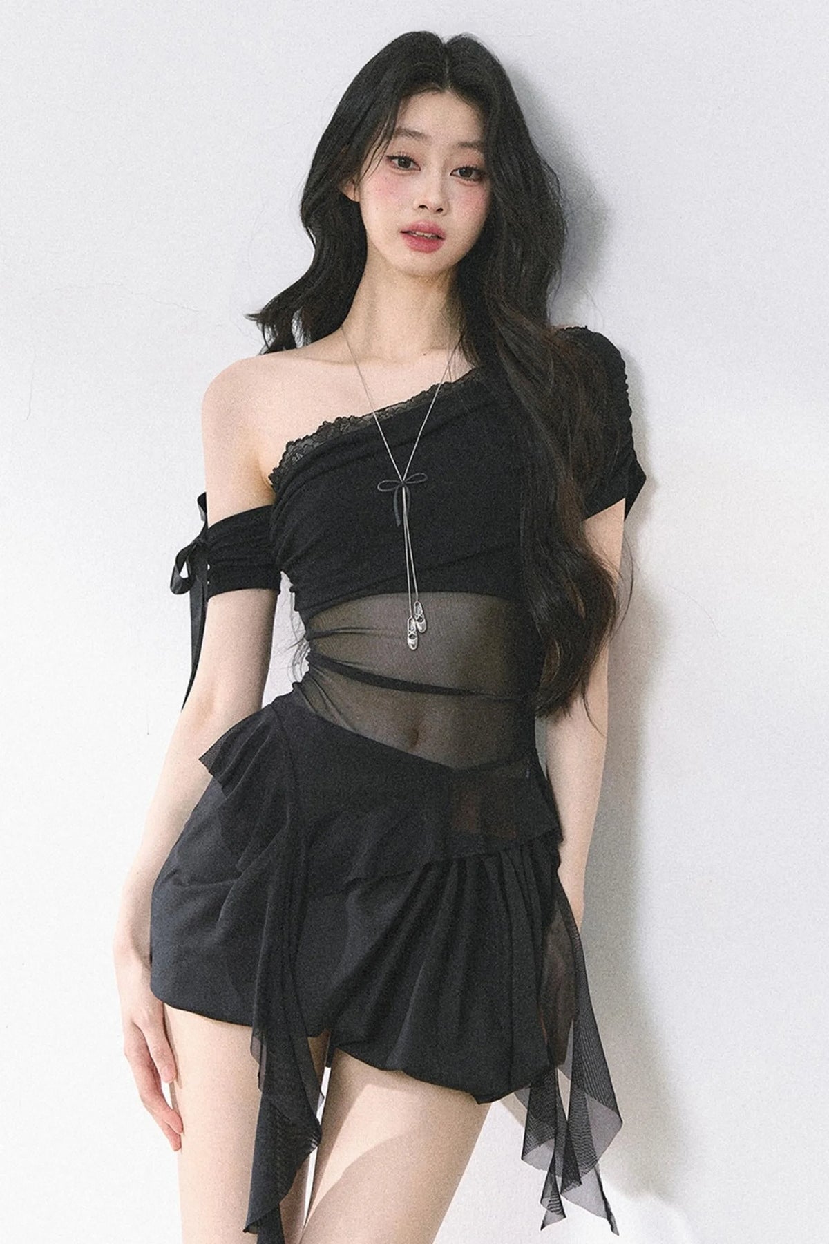Sheer Mesh Off Shoulder Top