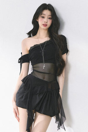 Sheer Mesh Off Shoulder Top