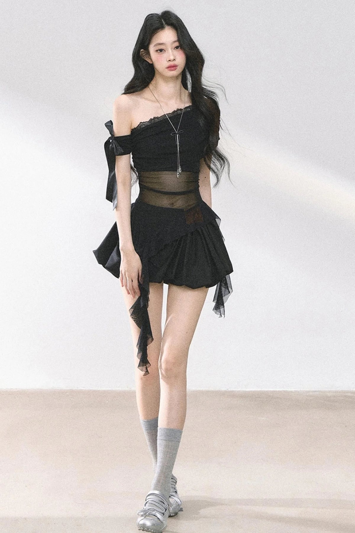 Sheer Mesh Off Shoulder Top
