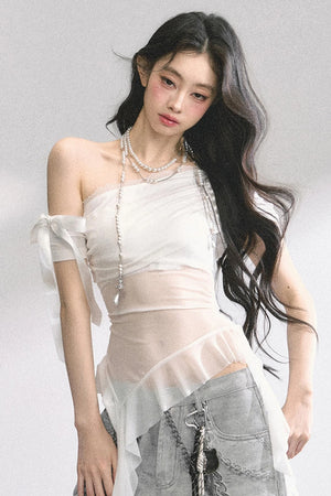 Sheer Mesh Off Shoulder Top