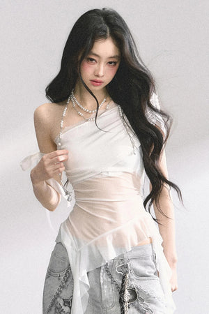 Sheer Mesh Off Shoulder Top