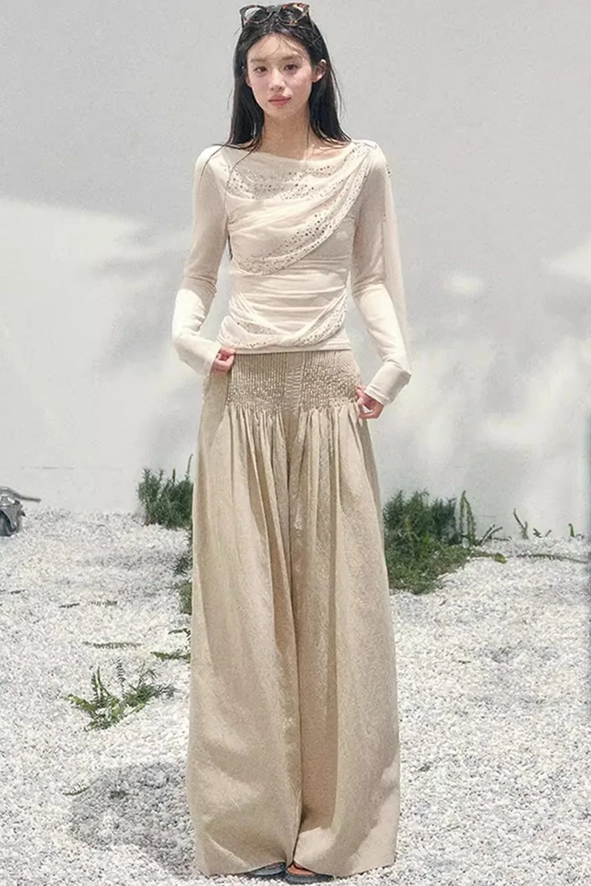 Sheer Rhinestone Slim-Fit Top Set-Up