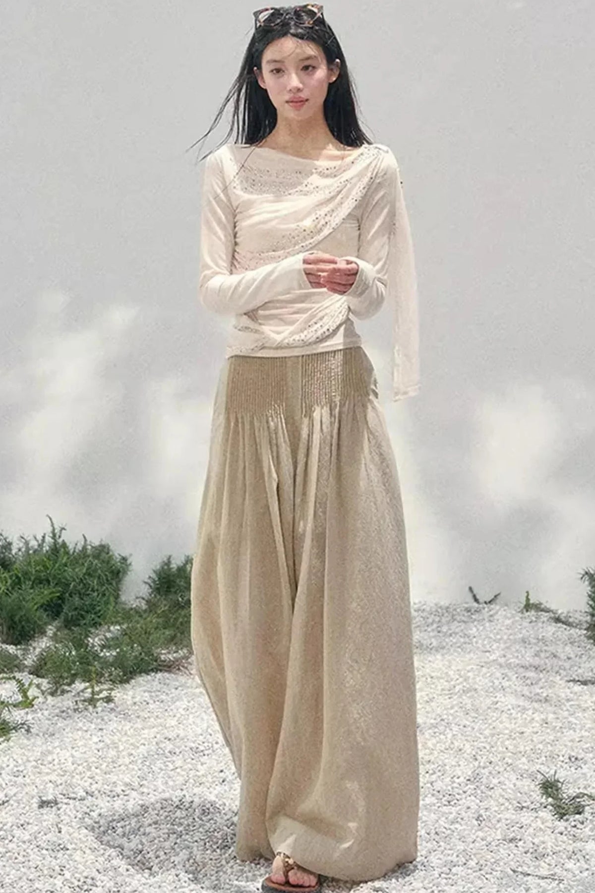 Sheer Rhinestone Slim-Fit Top Set-Up