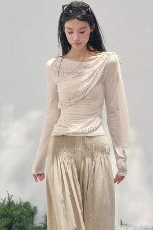 Sheer Rhinestone Slim-Fit Top Set-Up