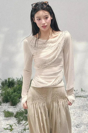 Sheer Rhinestone Slim-Fit Top Set-Up