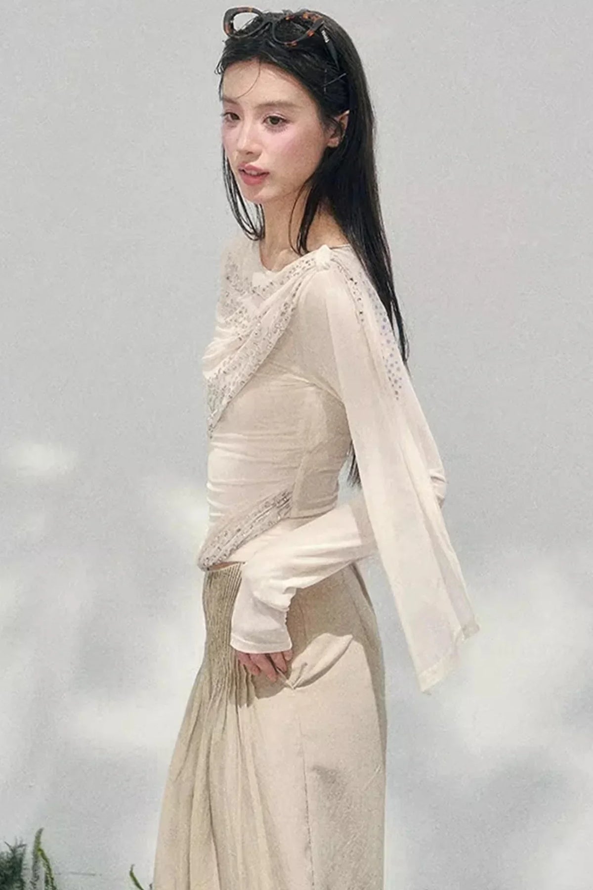Sheer Rhinestone Slim-Fit Top Set-Up