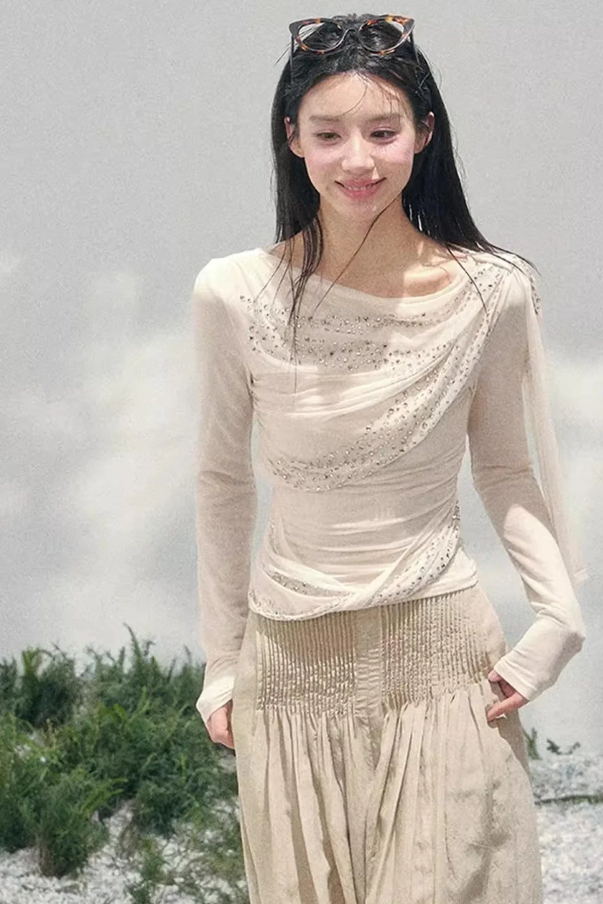 Sheer Rhinestone Slim-Fit Top Set-Up