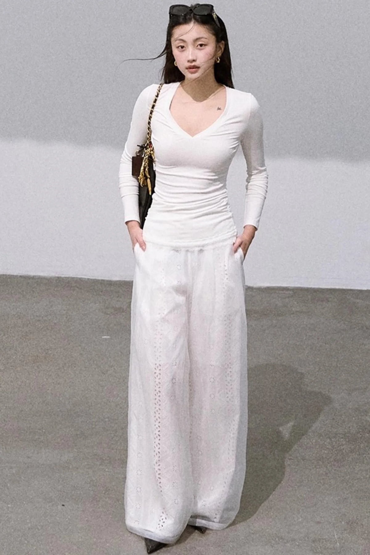 Shimmer Cotton High Waist Wide-Leg Pants