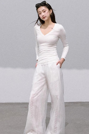Shimmer Cotton High Waist Wide-Leg Pants