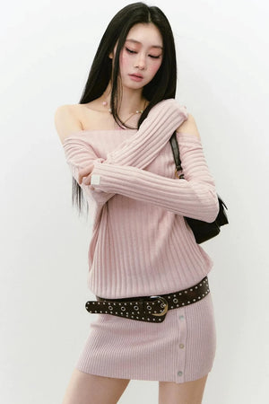 Shiny Silk Button Diagonal Shoulder Dress