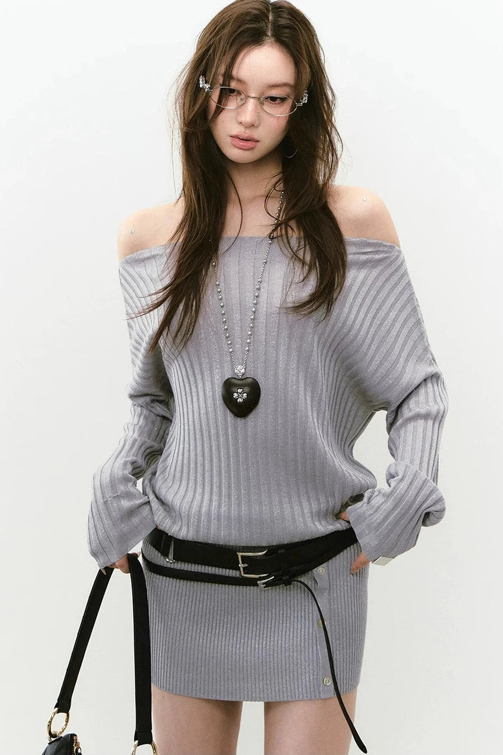 Shiny Silk Button Diagonal Shoulder Dress