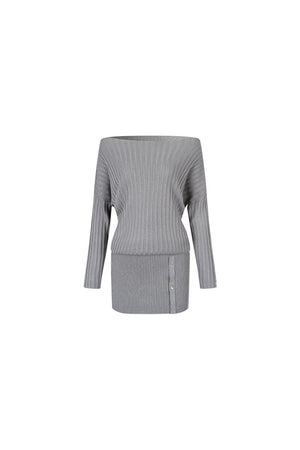 Shiny Silk Button Diagonal Shoulder Dress