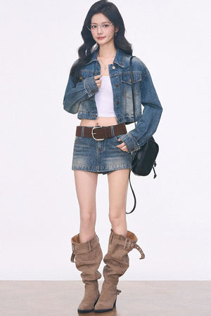 Short Denim Jacket With Curved-Hem Pants and Top 3-Piece Set-Up