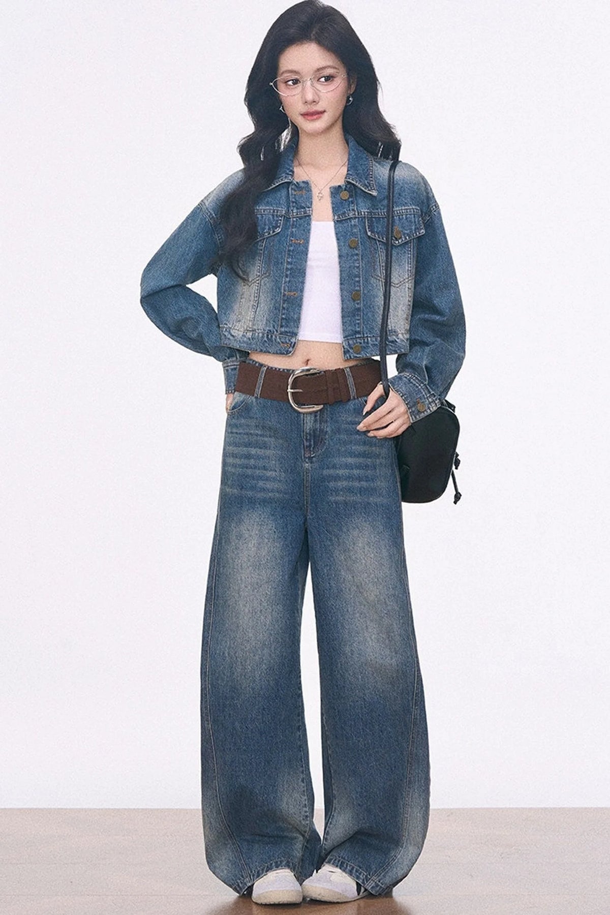 Short Denim Jacket With Curved-Hem Pants and Top 3-Piece Set-Up