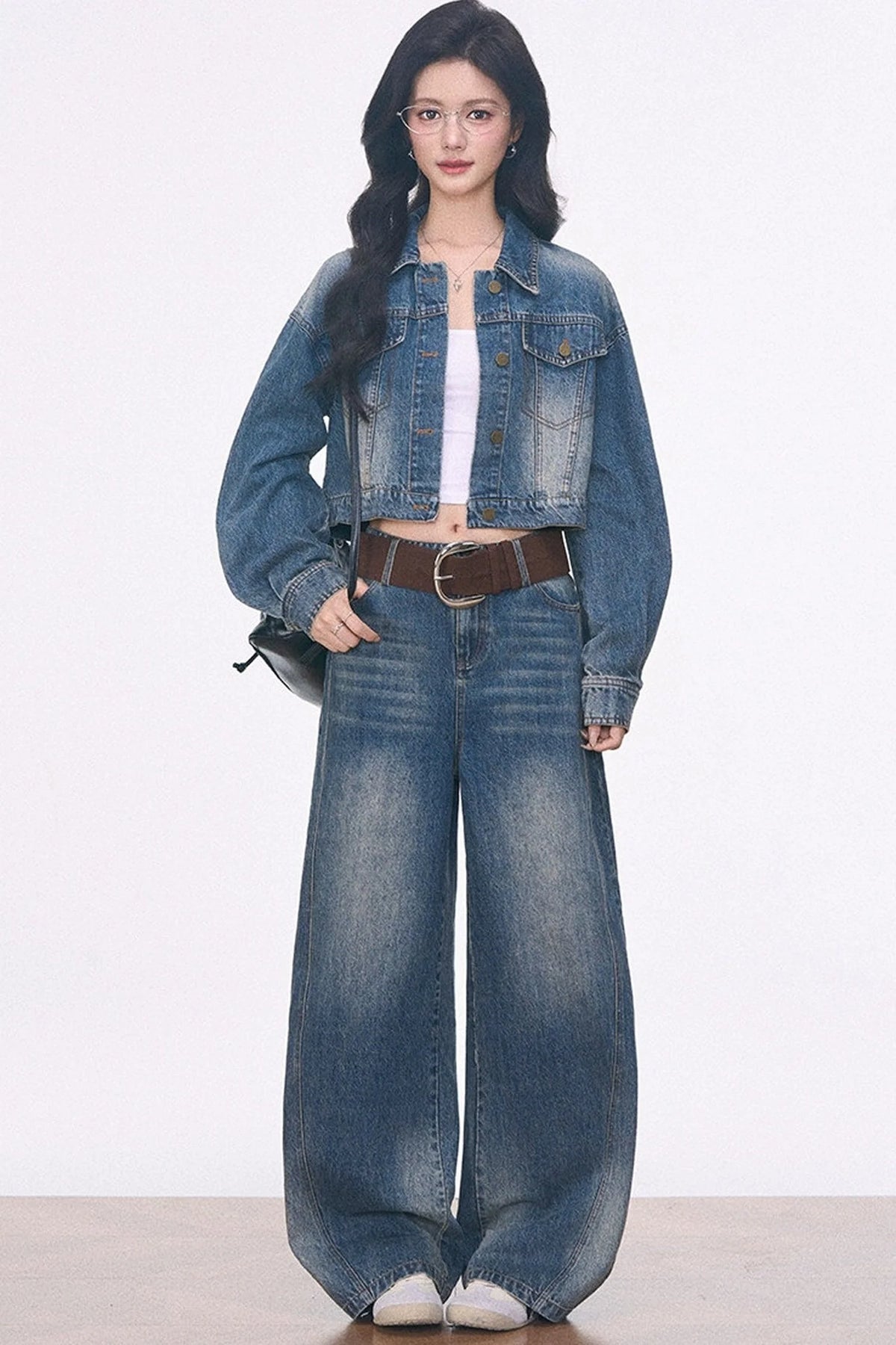 Short Denim Jacket With Curved-Hem Pants and Top 3-Piece Set-Up