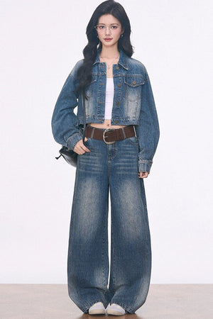 Short Denim Jacket With Curved-Hem Pants and Top 3-Piece Set-Up