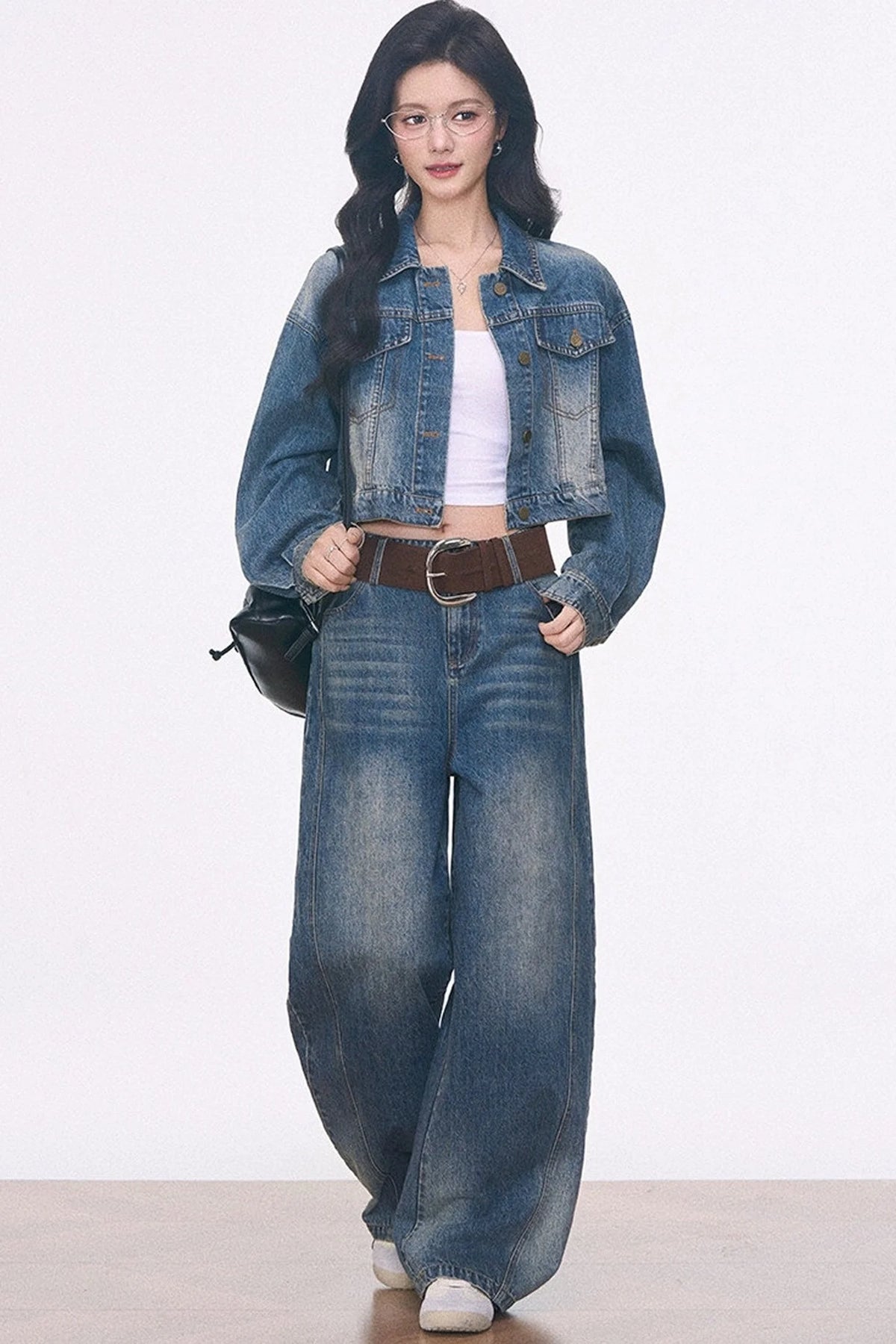 Short Denim Jacket With Curved-Hem Pants and Top 3-Piece Set-Up
