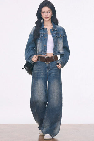 Short Denim Jacket With Curved-Hem Pants and Top 3-Piece Set-Up
