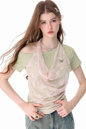 Short-Sleeve Floral Lace Halter Overlay Top