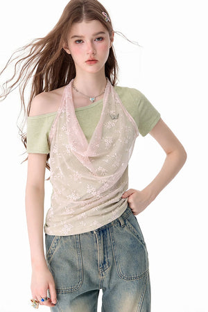 Short-Sleeve Floral Lace Halter Overlay Top