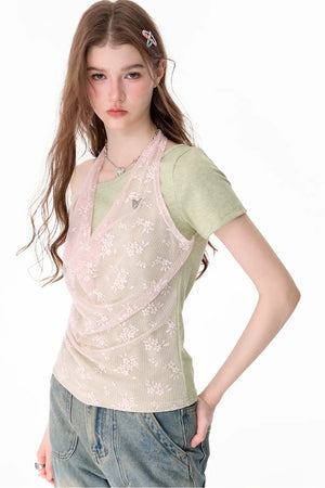 Short-Sleeve Floral Lace Halter Overlay Top