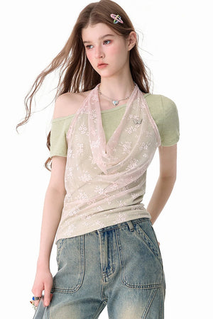 Short-Sleeve Floral Lace Halter Overlay Top