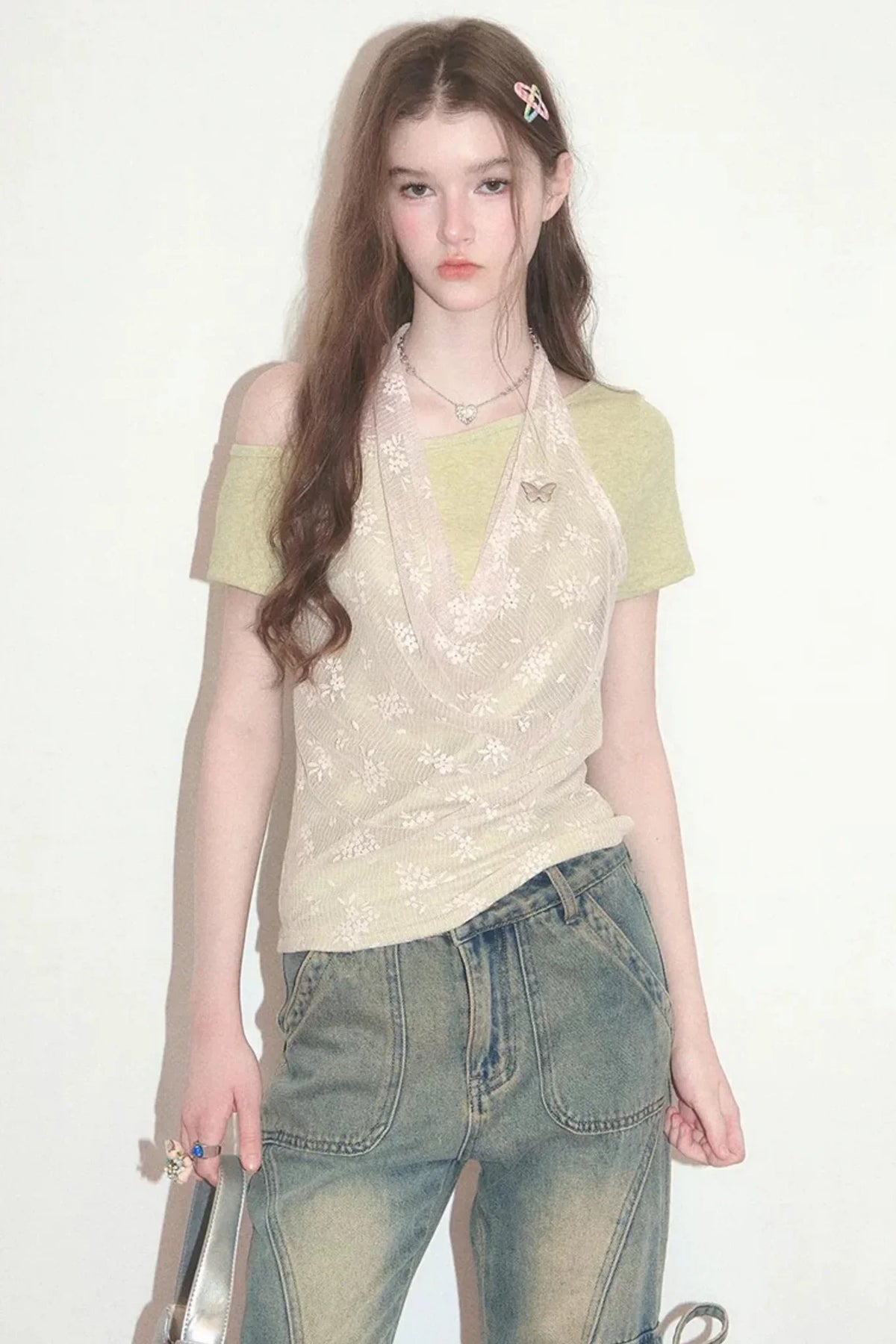 Short-Sleeve Floral Lace Halter Overlay Top
