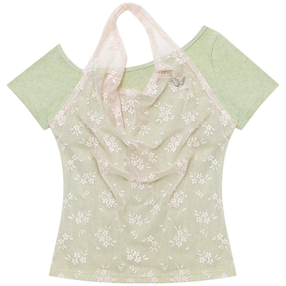 Short-Sleeve Floral Lace Halter Overlay Top