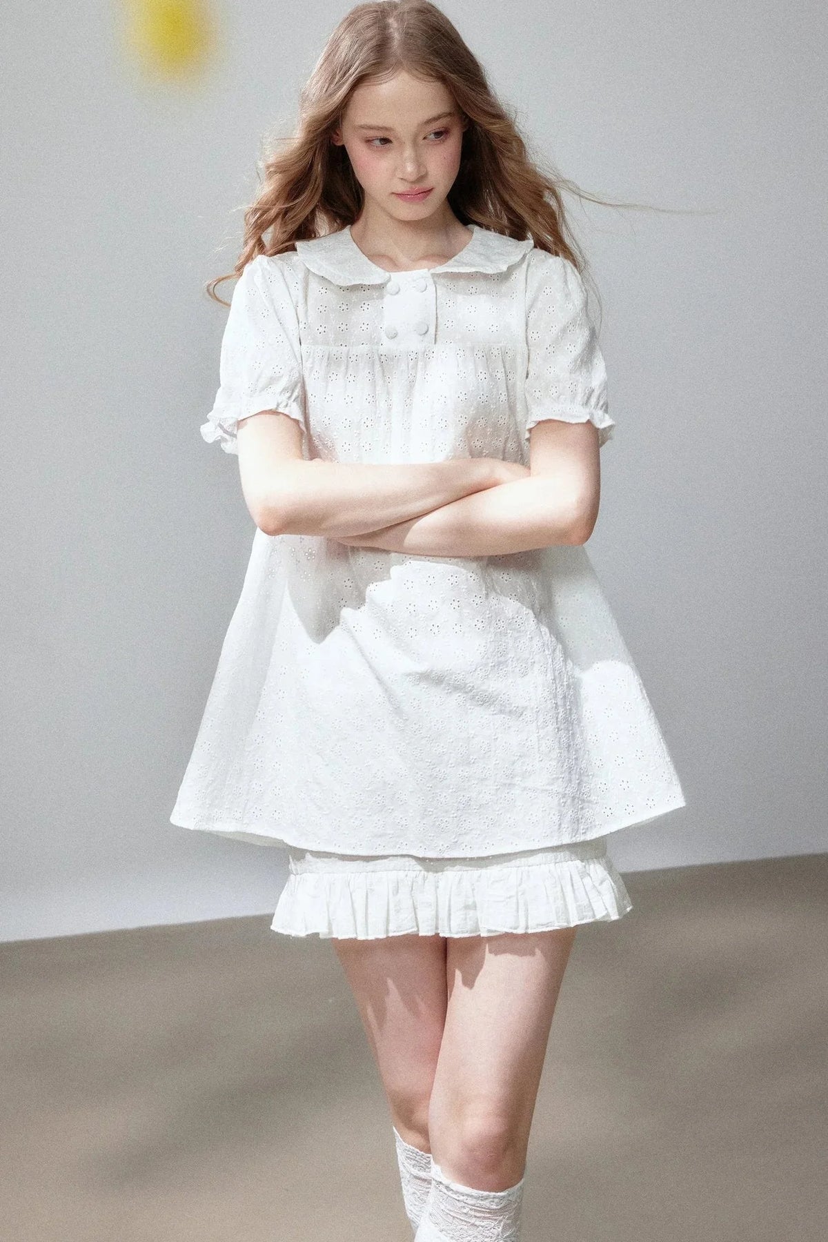 Short Sleeve Hollow Out Doll Collar Top and Skirt Set-Up