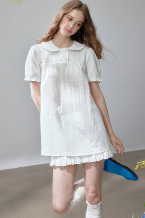 Short Sleeve Hollow Out Doll Collar Top and Skirt Set-Up