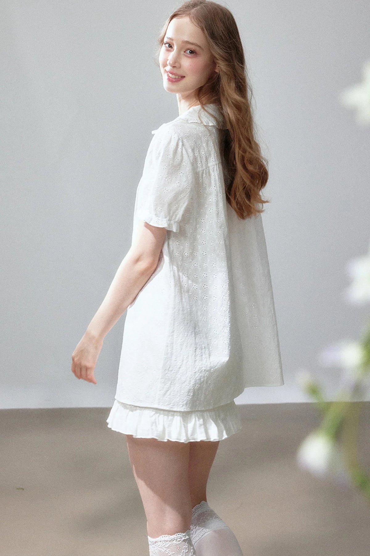 Short Sleeve Hollow Out Doll Collar Top and Skirt Set-Up
