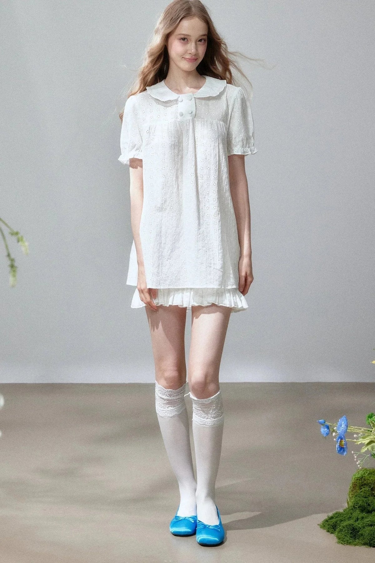 Short Sleeve Hollow Out Doll Collar Top and Skirt Set-Up
