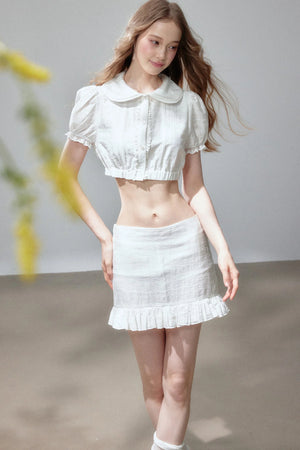 Short Sleeve Hollow Out Doll Collar Top and Skirt Set-Up