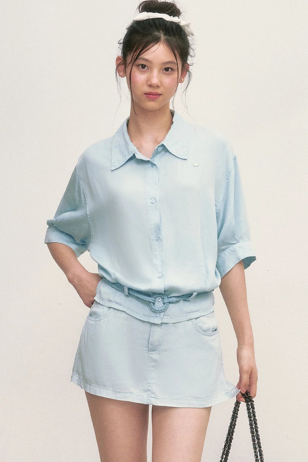 Short Sleeve Light Blue Shirt and Skirt Set-Up