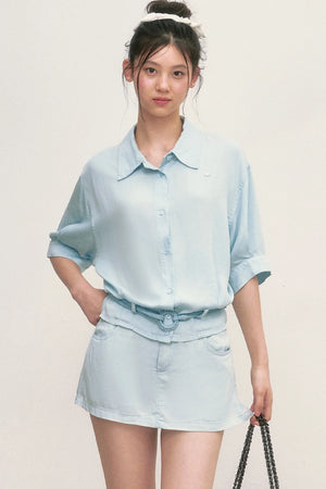 Short Sleeve Light Blue Shirt and Skirt Set-Up