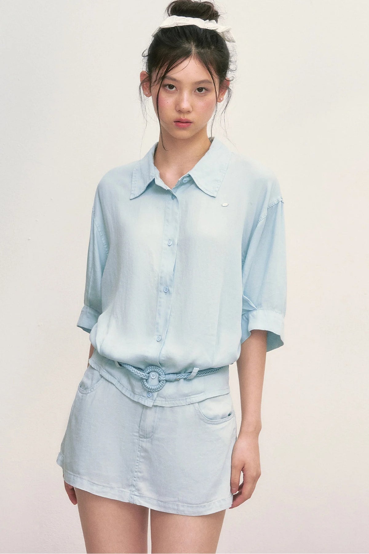 Short Sleeve Light Blue Shirt and Skirt Set-Up