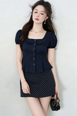 Short-Sleeved Shirt and Polka Dot Skirt Set-Up