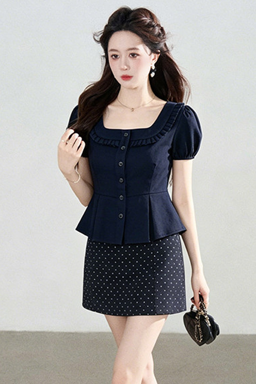 Short-Sleeved Shirt and Polka Dot Skirt Set-Up