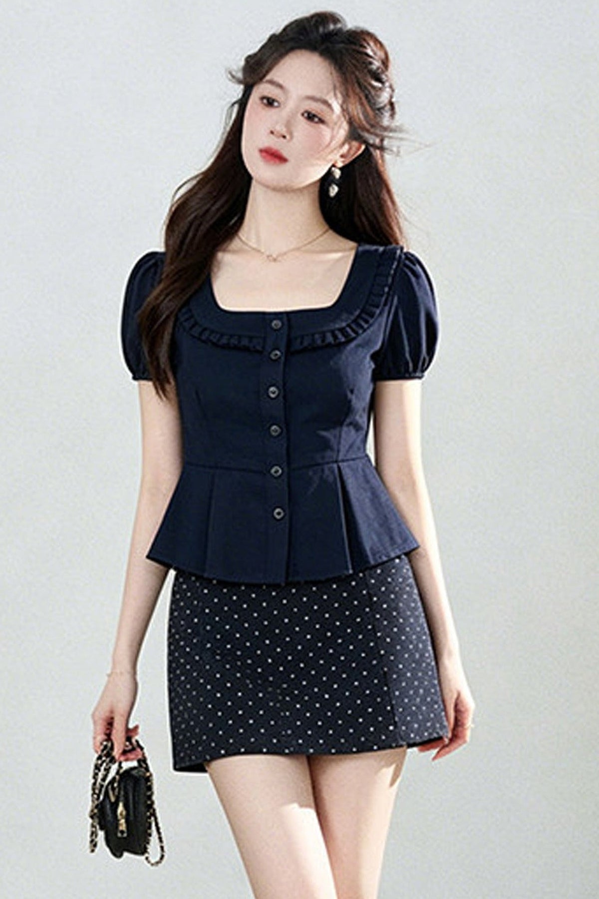 Short-Sleeved Shirt and Polka Dot Skirt Set-Up