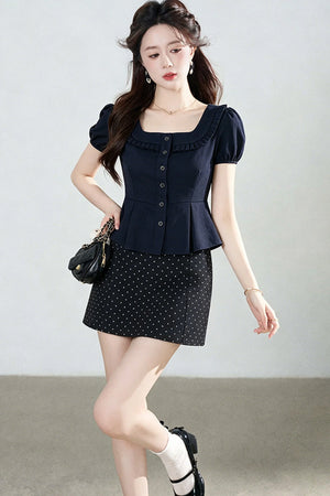 Short-Sleeved Shirt and Polka Dot Skirt Set-Up