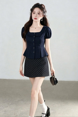 Short-Sleeved Shirt and Polka Dot Skirt Set-Up