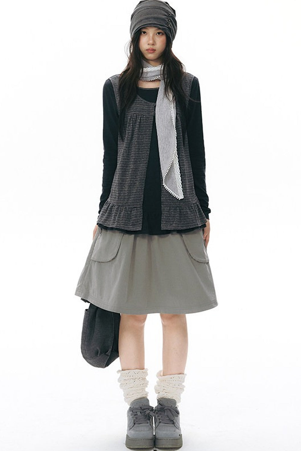 Side Seam Button Pleated Beanie Knit